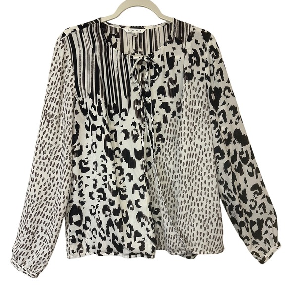 CAbi Tops - Cabi Womens Size Large Leopard Print Mixed Media Tie Neck Long Sleeve Blouse Top